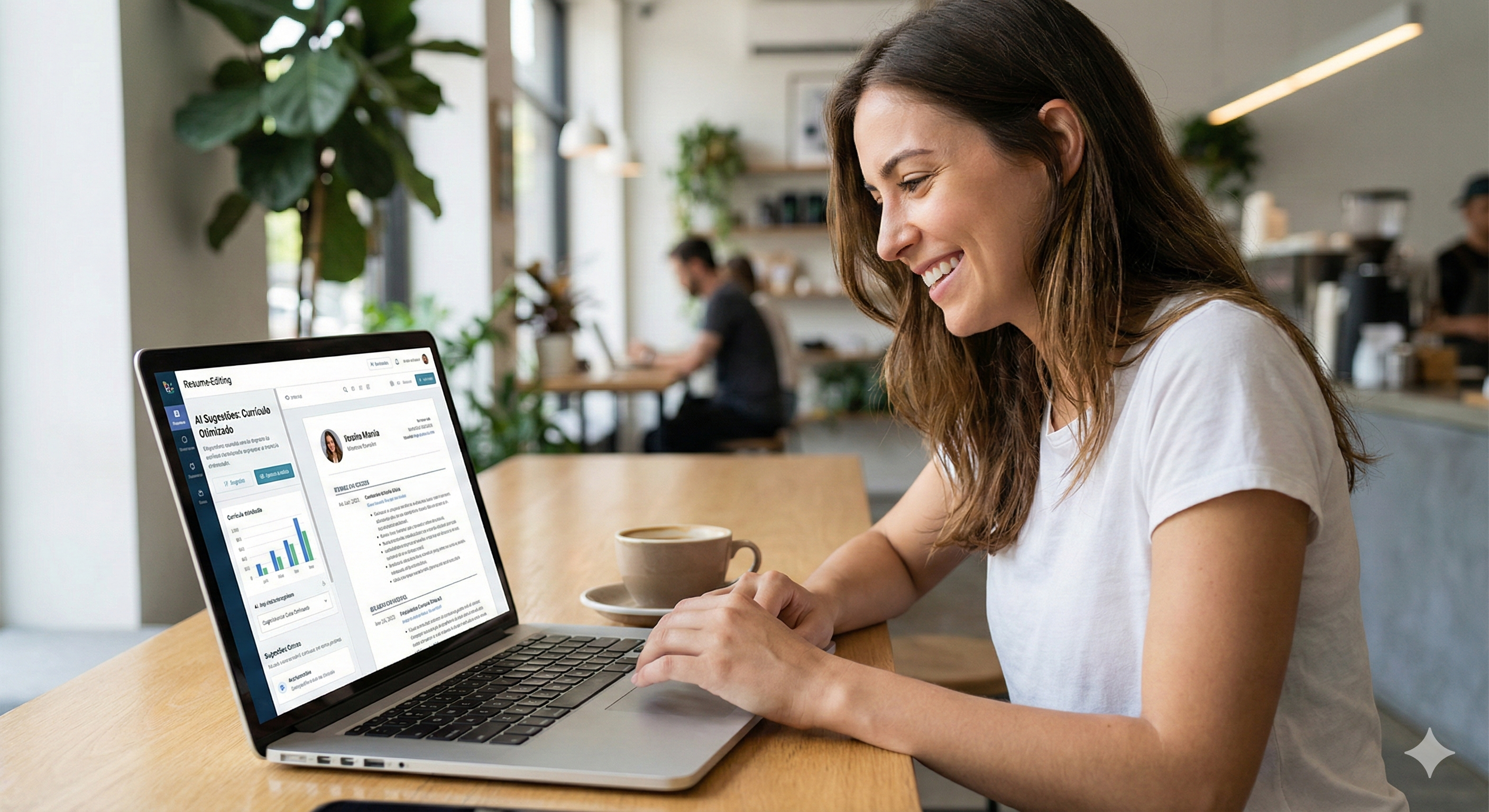 Pessoa sorrindo usando notebook para editar currículo online.